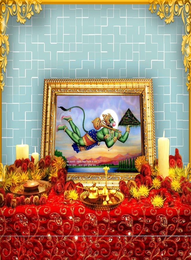 Hawai Flying Lord Hanuman ji Bajrang Bali with Sanjeevani Parvat Photo Frame, Size- 8.5x7inch | Engineered Wood Wall Hanging Frame | SFDI272GLDFRM - Image 2